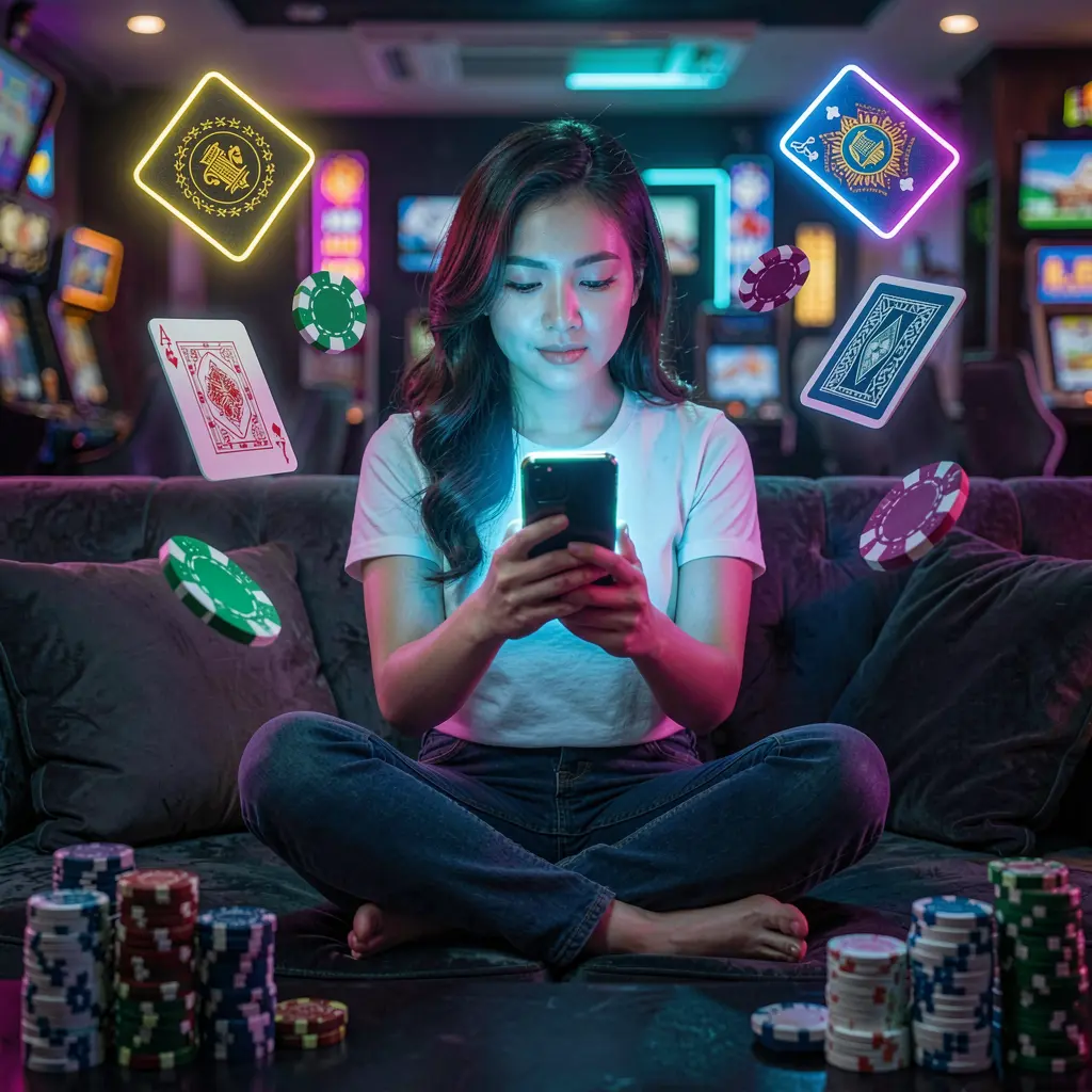 PH1 App – Enjoy immersive mobile casino gaming anytime in the Philippines Focused Filipino woman using the PH1 casino app on her smartphone with glowing chips and cards floating in a cinematic neon scene