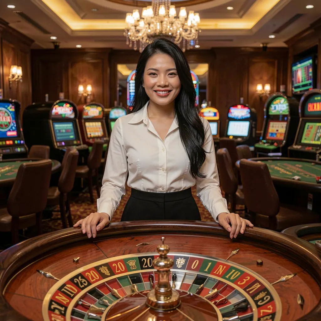PH1 Casino – Discover an exciting world of casino games for Philippine players Professional casino hostess standing at a gaming table in a vibrant casino environment with slot machines and colorful lights showcasing the lively PH1 casino experience for players in the Philippines