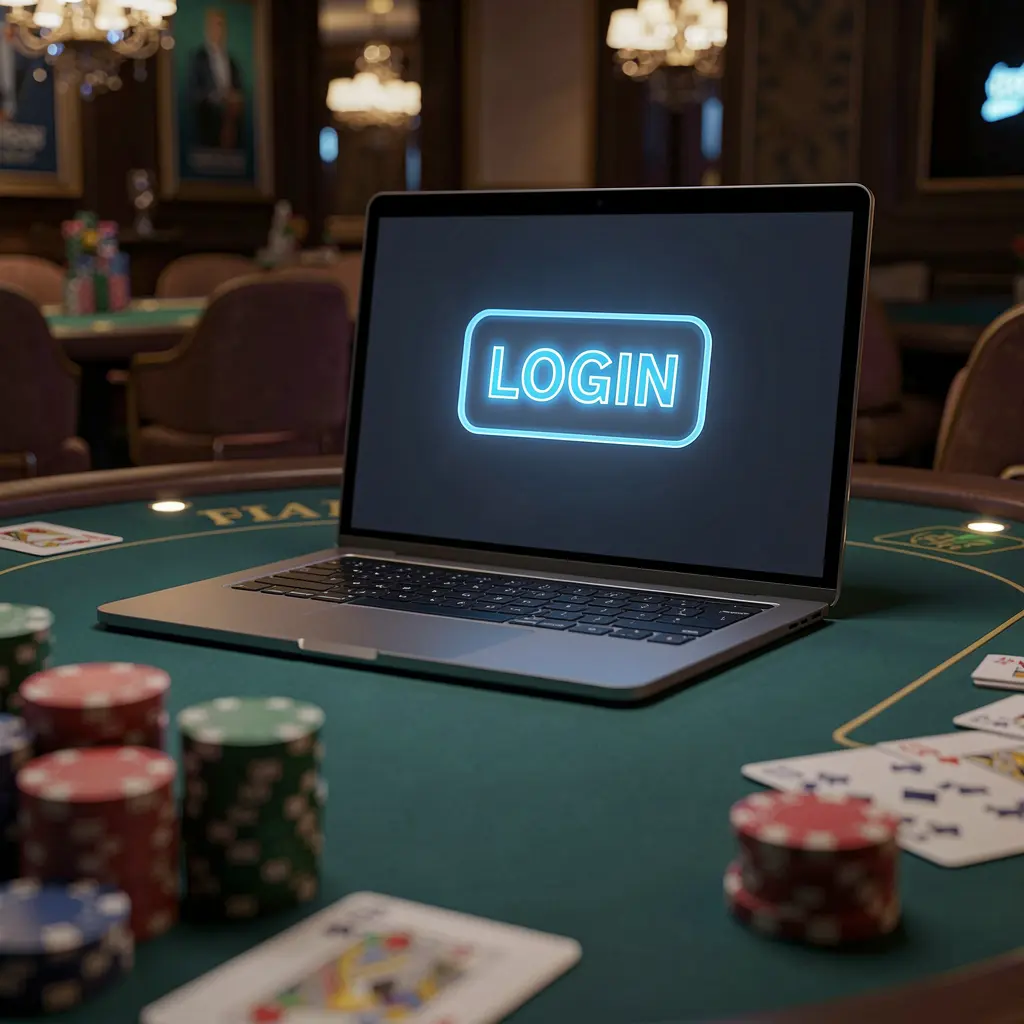 Close-up of a laptop on a casino table with poker chips and cards showing the PH1 login screen for secure access in the Philippines