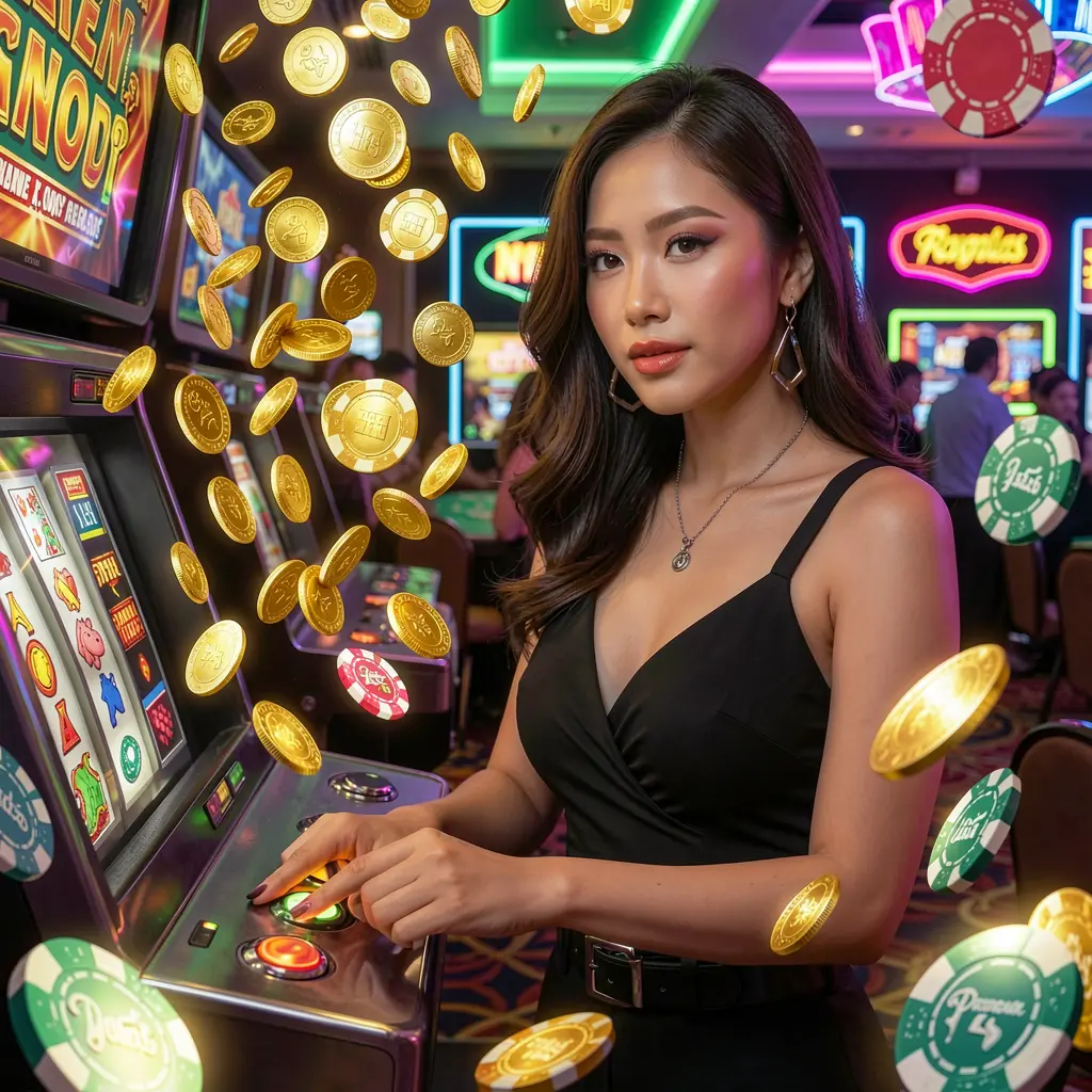 PH1 – Experience immersive slot action designed for players in the Philippines A stylish Filipino player enjoying vibrant slot machine action with flying coins at PH1 casino showcasing immersive online gaming for players in the Philippines